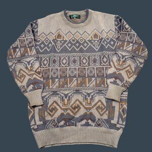 Vintage MES XL Geometric Knit Sweater Beige & Gray Pullover Crewneck 90s Style